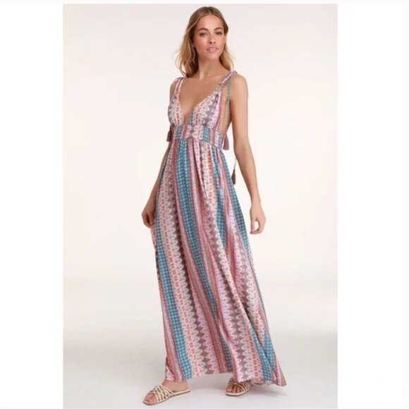 LuLus Maxin Relaxin Maxi Dress Colorful Multi-Print Boho Empire Waist Sz S - Picture 5 of 14